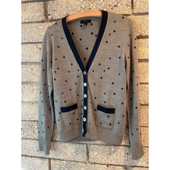J. Crew Womens Gray Cardigan Sweater With Navy Star Pattern & Pockets - Size S - Picture 1 of 7